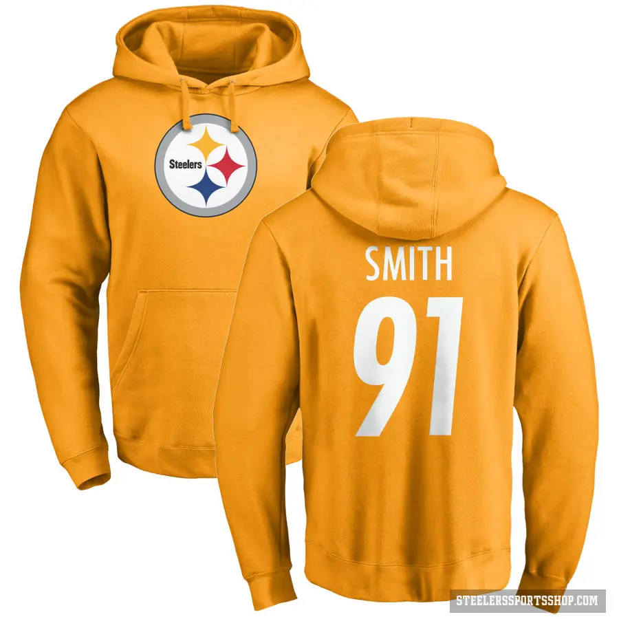 Men's ＃91 Preston Smith Pittsburgh Steelers Gold Pro Line Name & Number Logo Pullover Hoodie