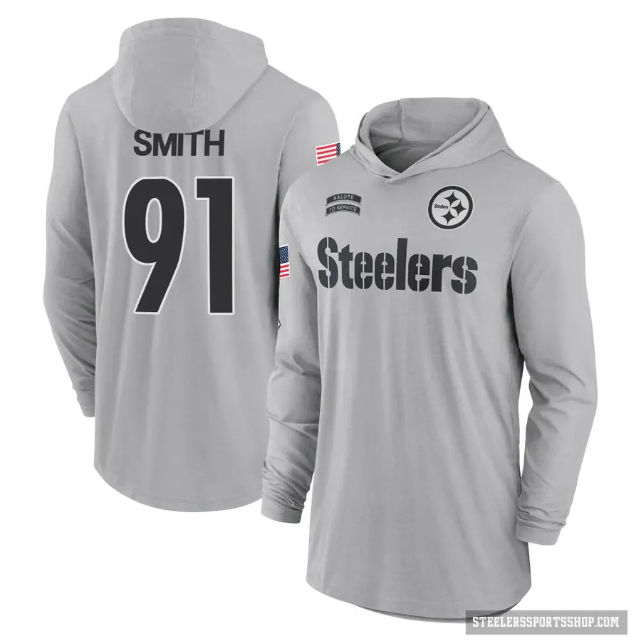 Men's ＃91 Preston Smith Pittsburgh Steelers Gray 2024 Salute to Service Lightweight Performance Long Sleeve Hooded T-Shirt