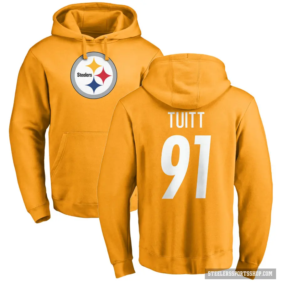 Men's ＃91 Stephon Tuitt Pittsburgh Steelers Gold Pro Line Name & Number Logo Pullover Hoodie