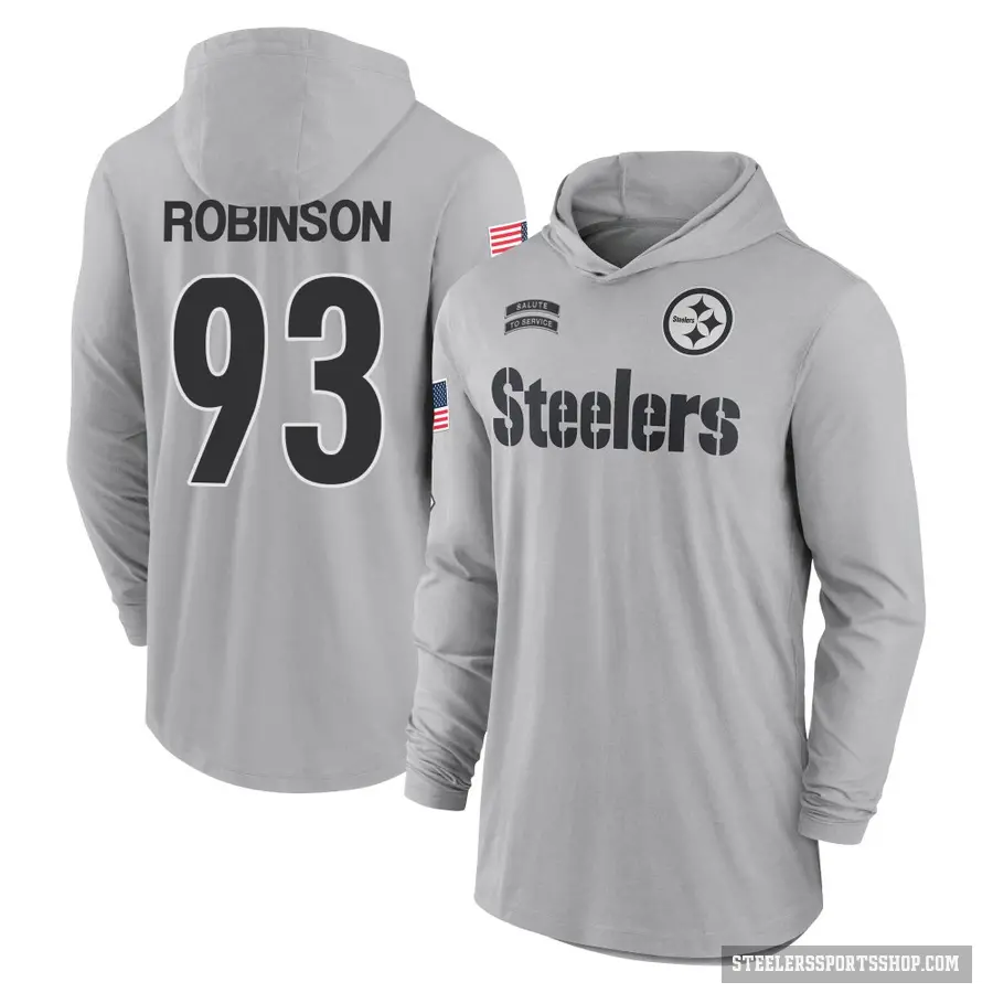 Men's ＃93 Mark Robinson Pittsburgh Steelers Gray 2024 Salute to Service Lightweight Performance Long Sleeve Hooded T-Shirt