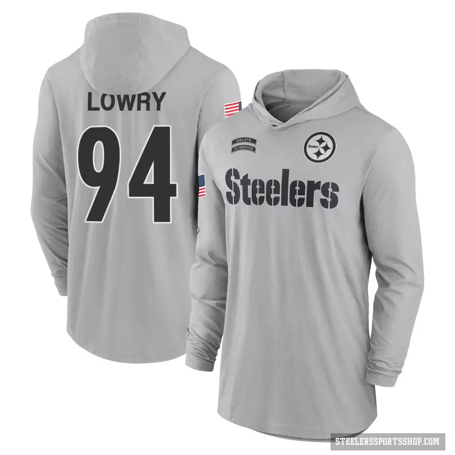 Men's ＃94 Dean Lowry Pittsburgh Steelers Gray 2024 Salute to Service Lightweight Performance Long Sleeve Hooded T-Shirt