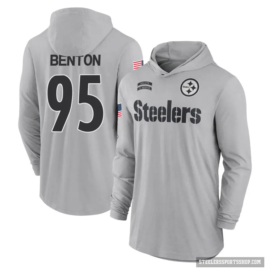 Men's ＃95 Keeanu Benton Pittsburgh Steelers Gray 2024 Salute to Service Lightweight Performance Long Sleeve Hooded T-Shirt