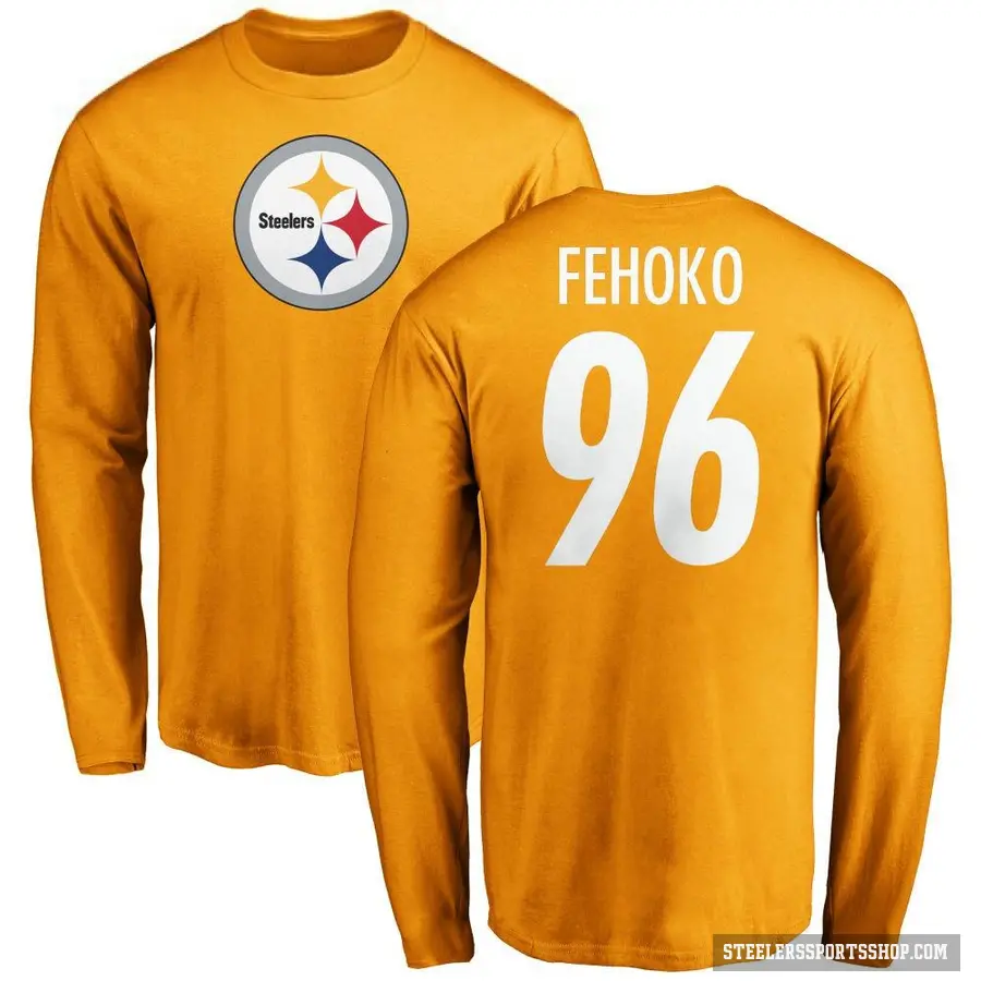 Men's ＃96 Breiden Fehoko Pittsburgh Steelers Gold Logo Long Sleeve T-Shirt