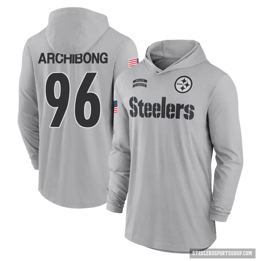 Men's ＃96 Daniel Archibong Pittsburgh Steelers Gray 2024 Salute to Service Lightweight Performance Long Sleeve Hooded T-Shirt