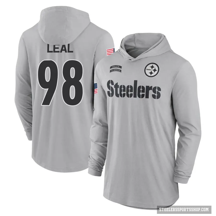 Men's ＃98 DeMarvin Leal Pittsburgh Steelers Gray 2024 Salute to Service Lightweight Performance Long Sleeve Hooded T-Shirt