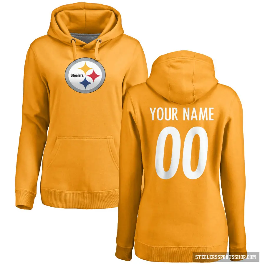 Women's ＃00 Custom Pittsburgh Steelers Gold Pro Line Name & Number Logo Pullover Hoodie