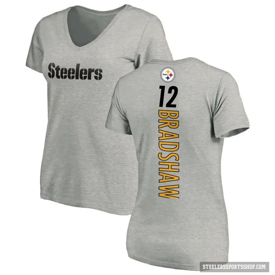 Women's ＃12 Terry Bradshaw Pittsburgh Steelers Ash Backer V-Neck T-Shirt