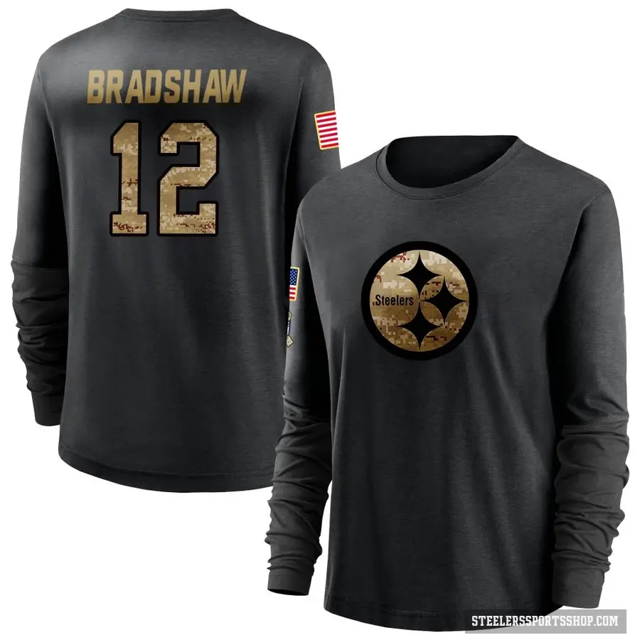 Women's ＃12 Terry Bradshaw Pittsburgh Steelers Black 2020 Salute To Service Sideline Performance Long Sleeve T-Shirt