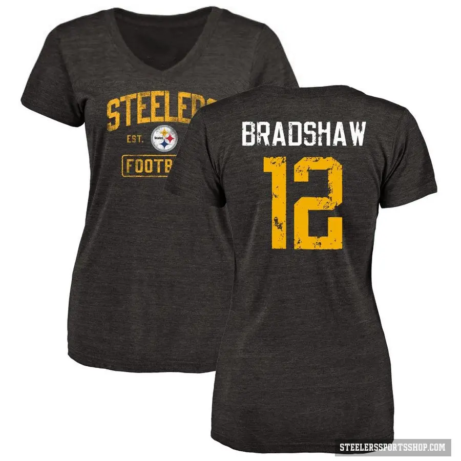 Women's ＃12 Terry Bradshaw Pittsburgh Steelers Black Distressed V-Neck T-Shirt