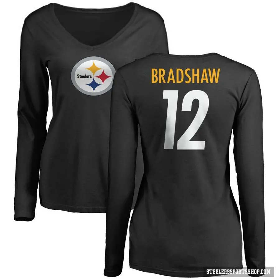 Women's ＃12 Terry Bradshaw Pittsburgh Steelers Black Logo Slim Fit Long Sleeve T-Shirt