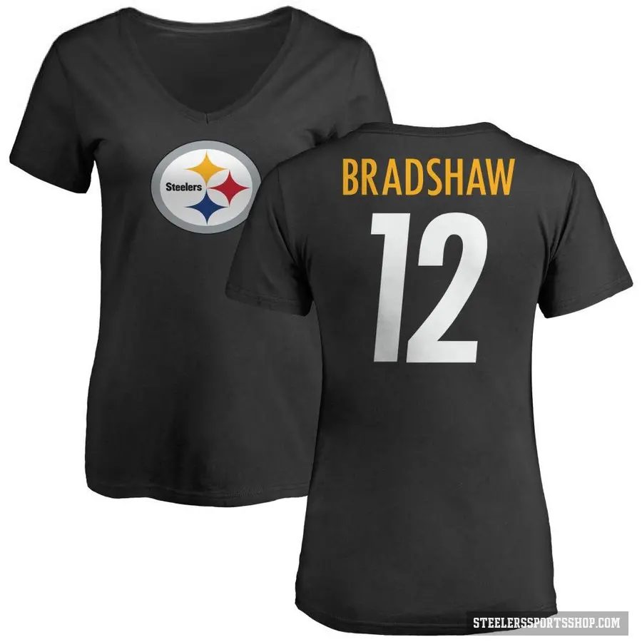 Women's ＃12 Terry Bradshaw Pittsburgh Steelers Black Logo Slim Fit T-Shirt