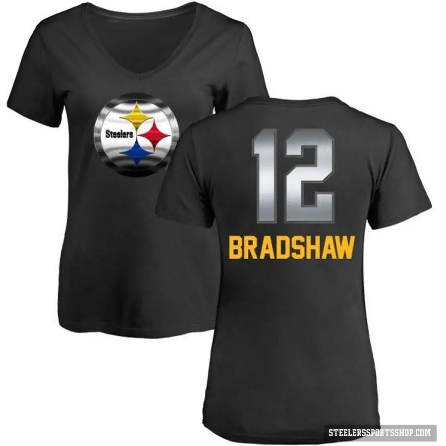 Women's ＃12 Terry Bradshaw Pittsburgh Steelers Black Midnight Mascot T-Shirt