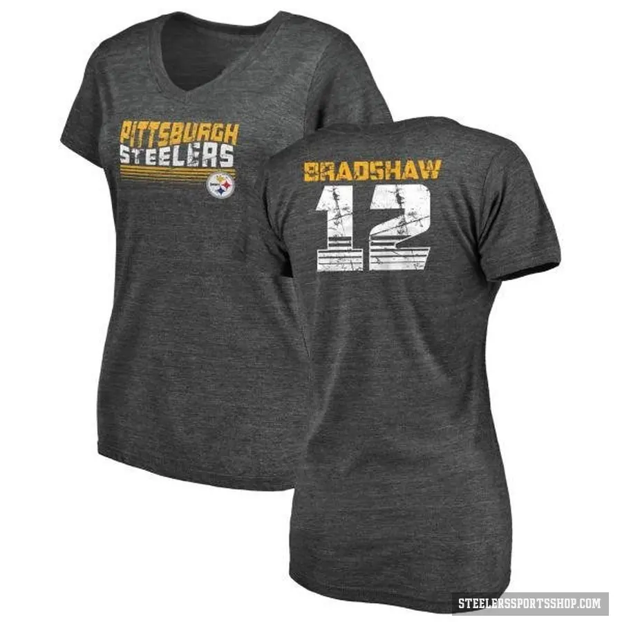 Women's ＃12 Terry Bradshaw Pittsburgh Steelers Black Retro V-Neck T-Shirt