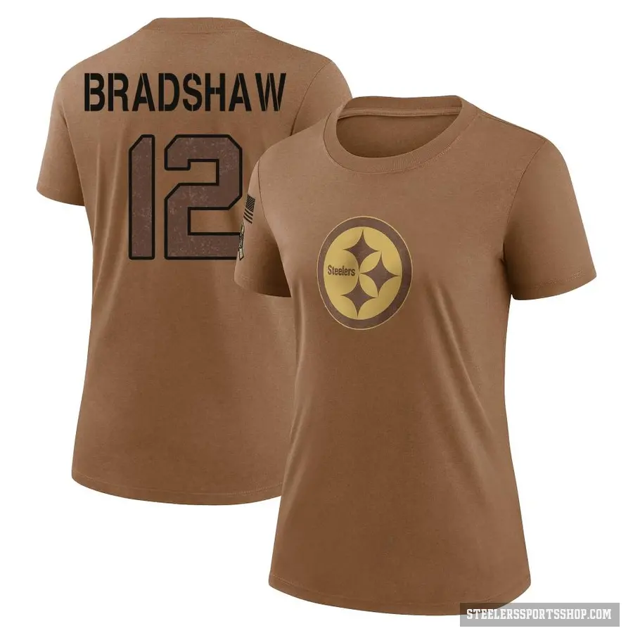 Women's ＃12 Terry Bradshaw Pittsburgh Steelers Brown 2023 Salute To Service Performance T-Shirt