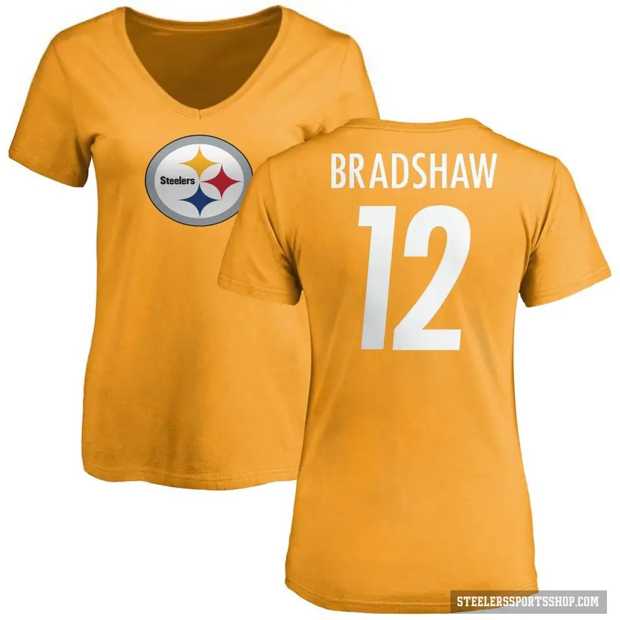 Women's ＃12 Terry Bradshaw Pittsburgh Steelers Gold Logo Slim Fit T-Shirt