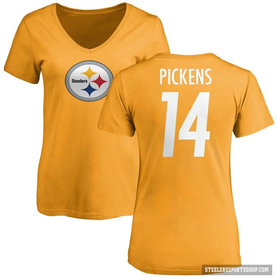 Women's ＃14 George Pickens Pittsburgh Steelers Gold Logo Slim Fit T-Shirt