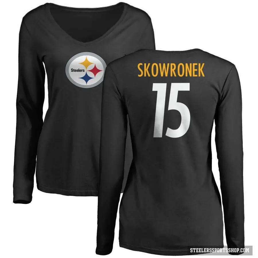 Women's ＃15 Ben Skowronek Pittsburgh Steelers Black Logo Slim Fit Long Sleeve T-Shirt