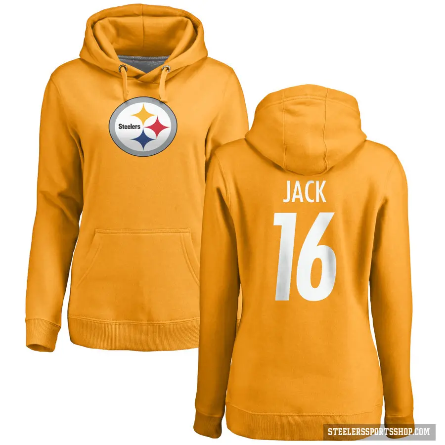 Women's ＃16 Myles Jack Pittsburgh Steelers Gold Pro Line Name & Number Logo Pullover Hoodie