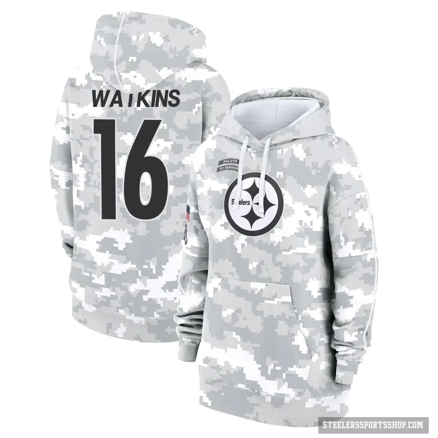 Women's ＃16 Quez Watkins Pittsburgh Steelers Arctic Camo 2024 Salute to Service Club Fleece Pullover Hoodie