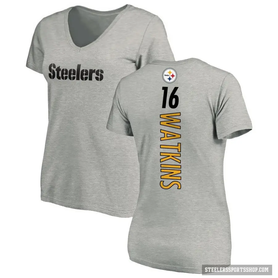 Women's ＃16 Quez Watkins Pittsburgh Steelers Ash Backer V-Neck T-Shirt