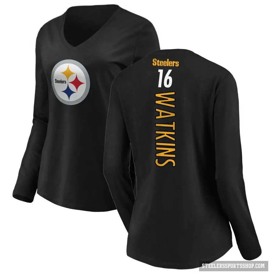 Women's ＃16 Quez Watkins Pittsburgh Steelers Black Backer Slim Fit Long Sleeve T-Shirt