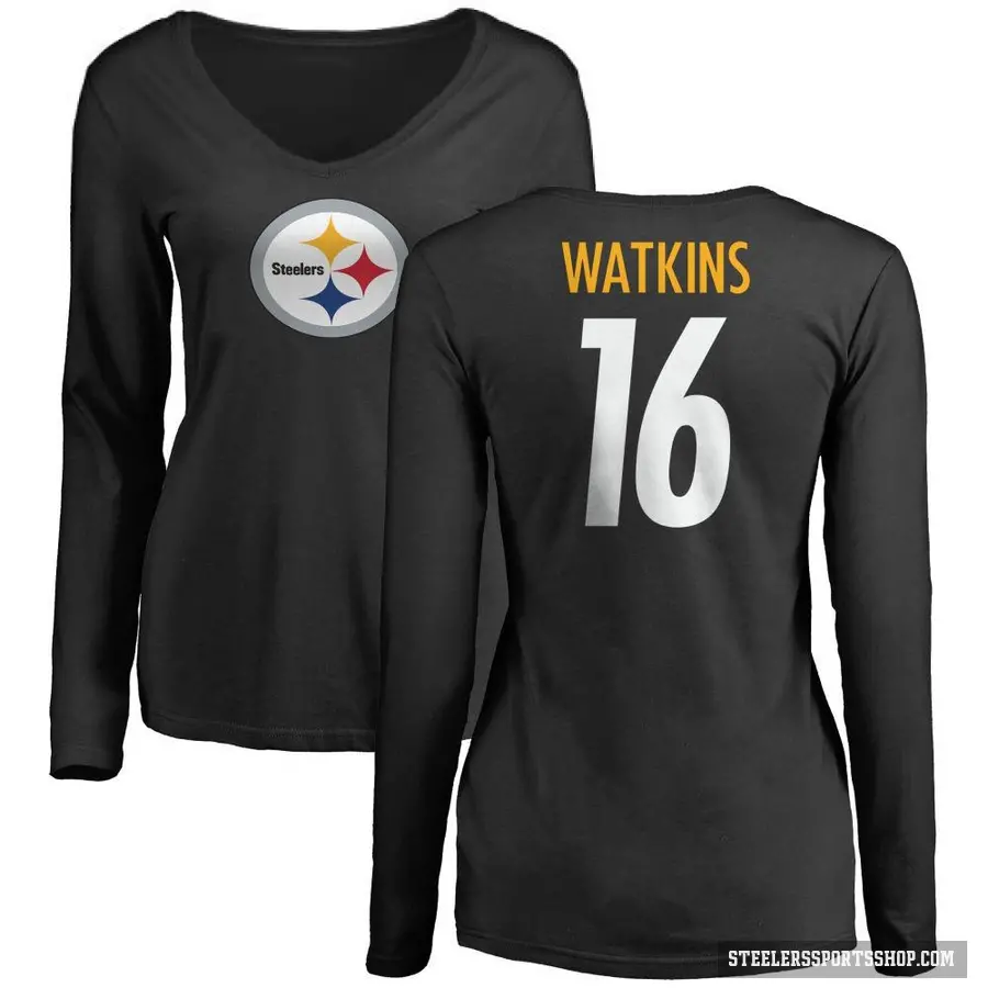 Women's ＃16 Quez Watkins Pittsburgh Steelers Black Logo Slim Fit Long Sleeve T-Shirt