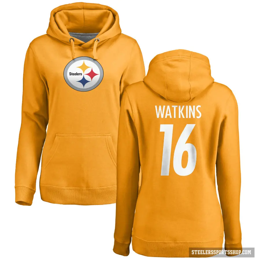 Women's ＃16 Quez Watkins Pittsburgh Steelers Gold Pro Line Name & Number Logo Pullover Hoodie