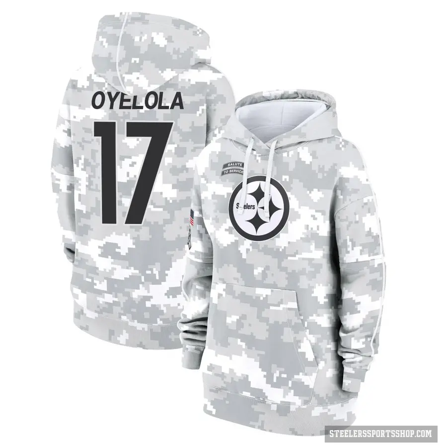 Women's ＃17 Ayo Oyelola Pittsburgh Steelers Arctic Camo 2024 Salute to Service Club Fleece Pullover Hoodie