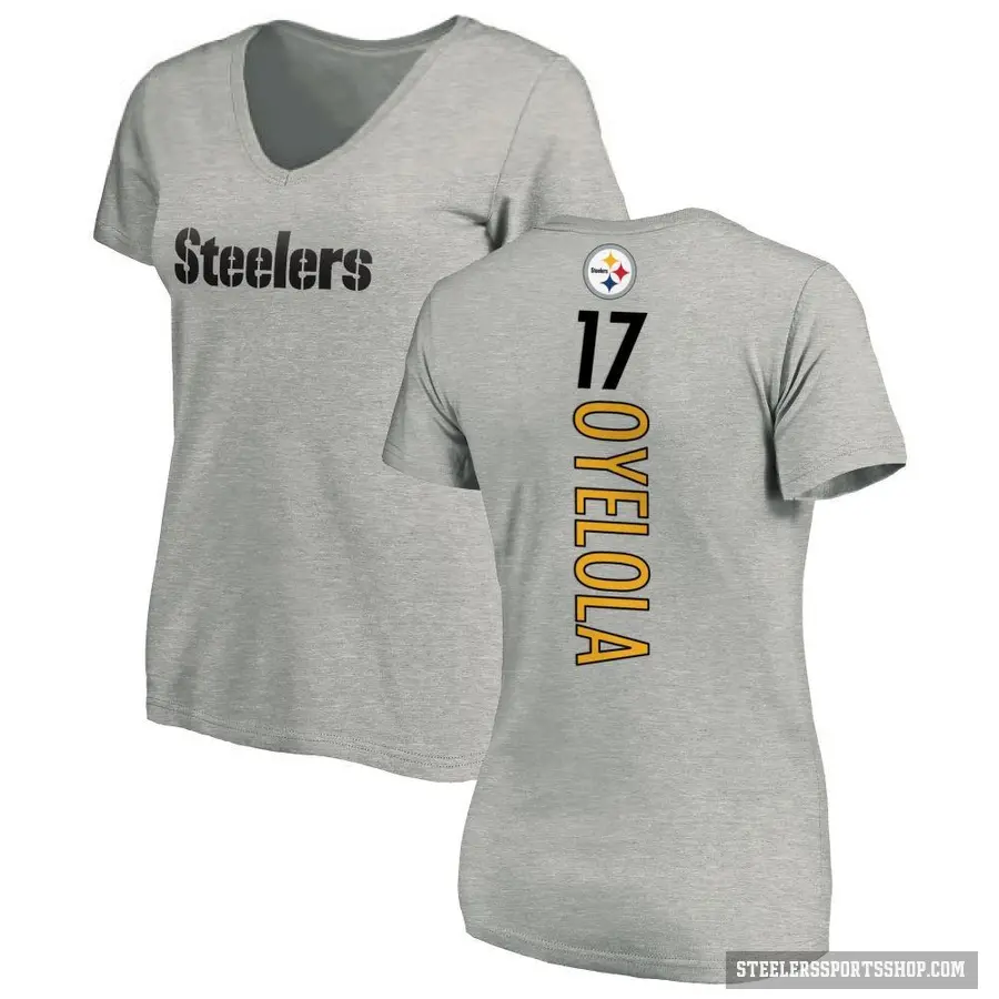 Women's ＃17 Ayo Oyelola Pittsburgh Steelers Ash Backer V-Neck T-Shirt