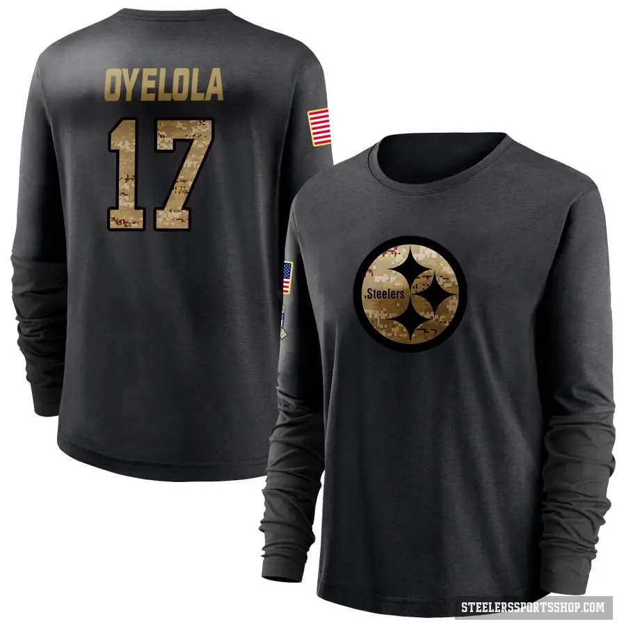 Women's ＃17 Ayo Oyelola Pittsburgh Steelers Black 2020 Salute To Service Sideline Performance Long Sleeve T-Shirt