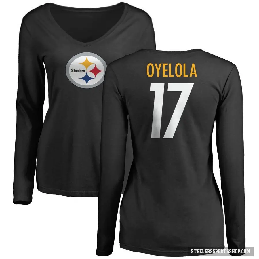 Women's ＃17 Ayo Oyelola Pittsburgh Steelers Black Logo Slim Fit Long Sleeve T-Shirt