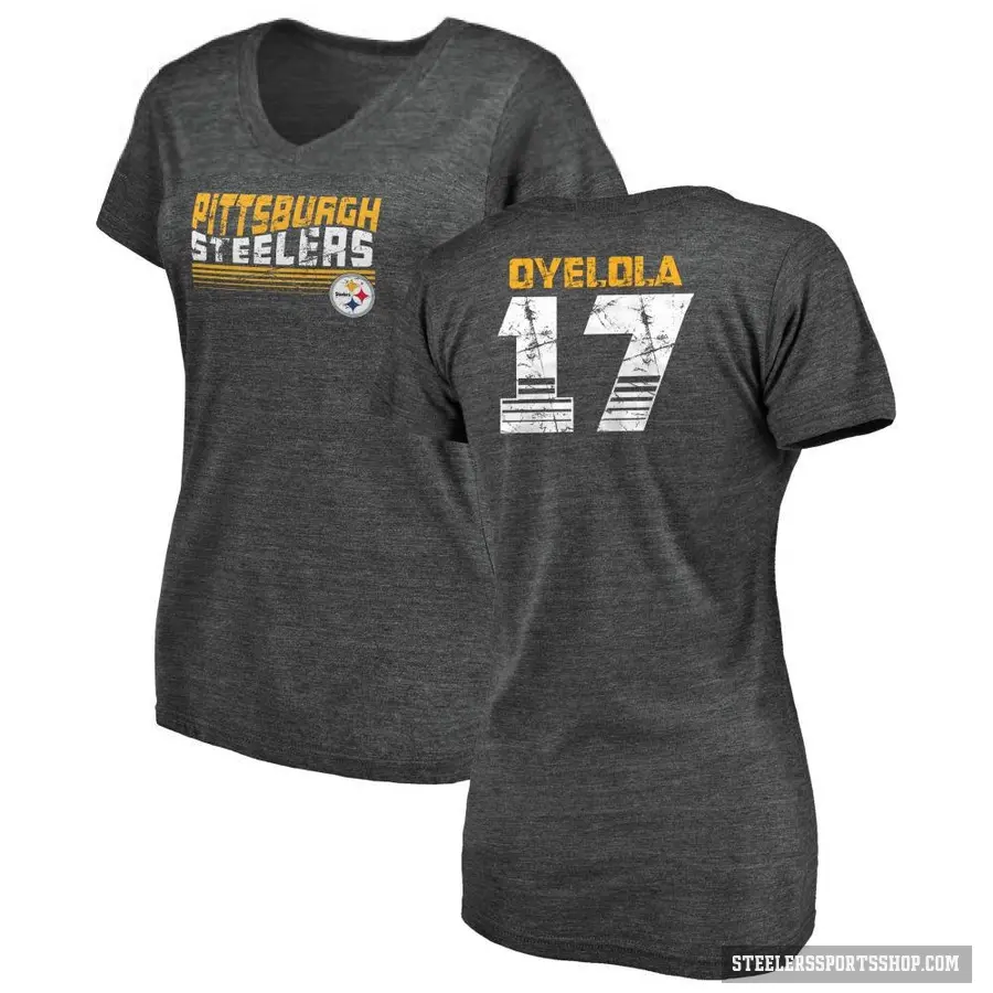 Women's ＃17 Ayo Oyelola Pittsburgh Steelers Black Retro V-Neck T-Shirt