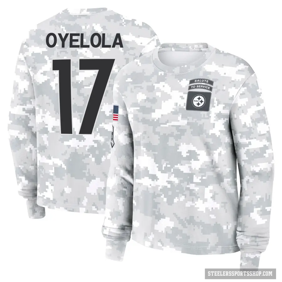 Women's ＃17 Ayo Oyelola Pittsburgh Steelers Camo Arctic 2024 Salute to Service Long Sleeve T-Shirt