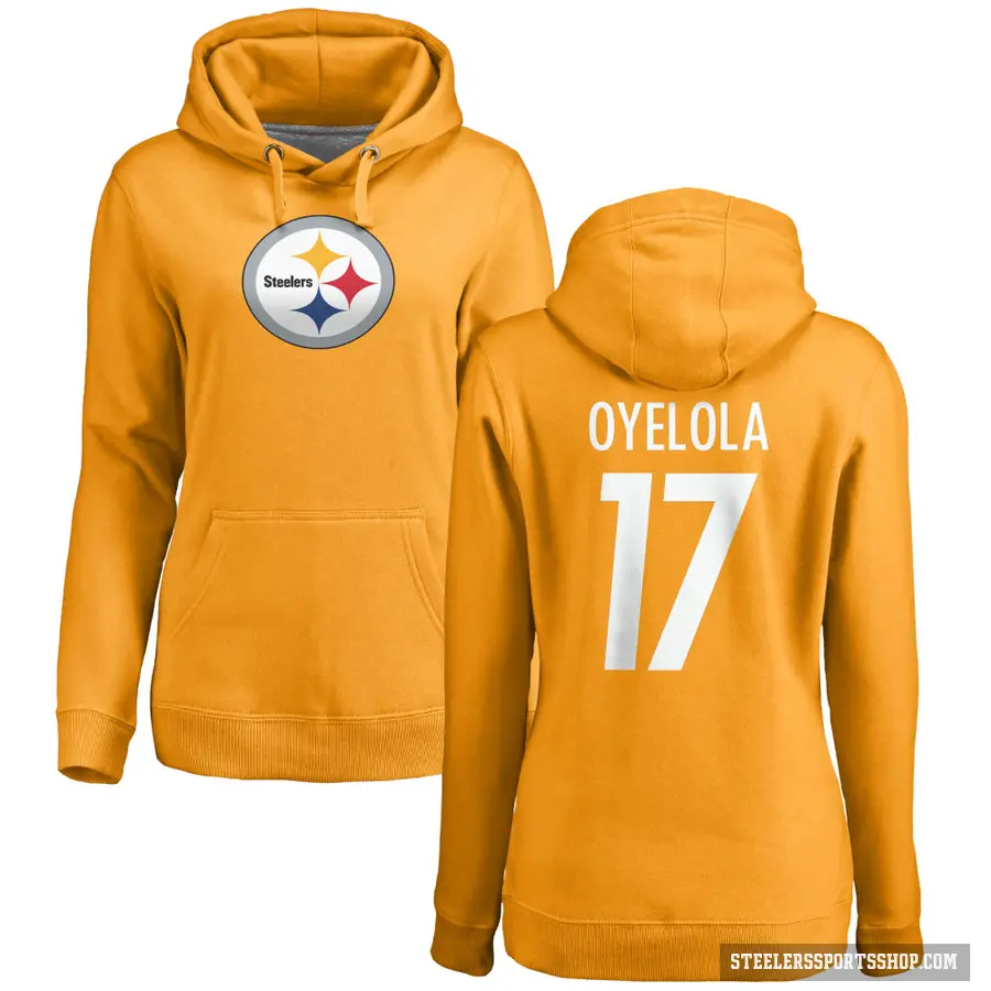 Women's ＃17 Ayo Oyelola Pittsburgh Steelers Gold Pro Line Name & Number Logo Pullover Hoodie