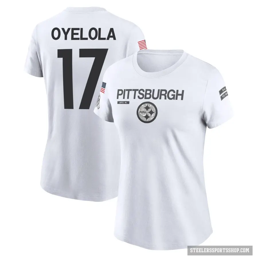 Women's ＃17 Ayo Oyelola Pittsburgh Steelers White 2024 Salute to Service Performance T-Shirt