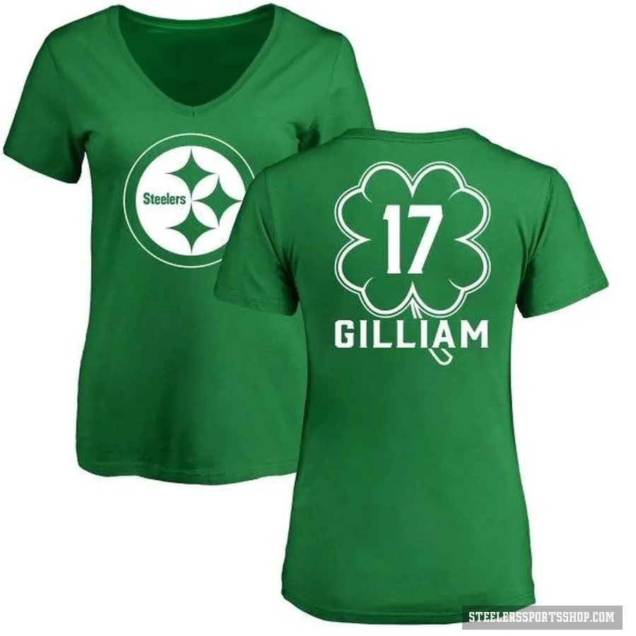 Women's ＃17 Joe Gilliam Pittsburgh Steelers Green St. Patrick's Day V-Neck T-Shirt