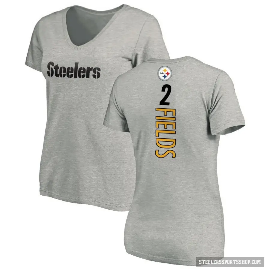 Women's ＃2 Justin Fields Pittsburgh Steelers Ash Backer V-Neck T-Shirt