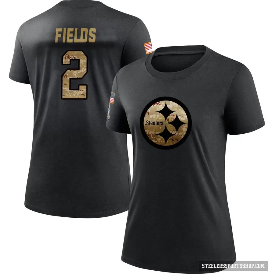 Women's ＃2 Justin Fields Pittsburgh Steelers Black 2020 Salute To Service Performance T-Shirt