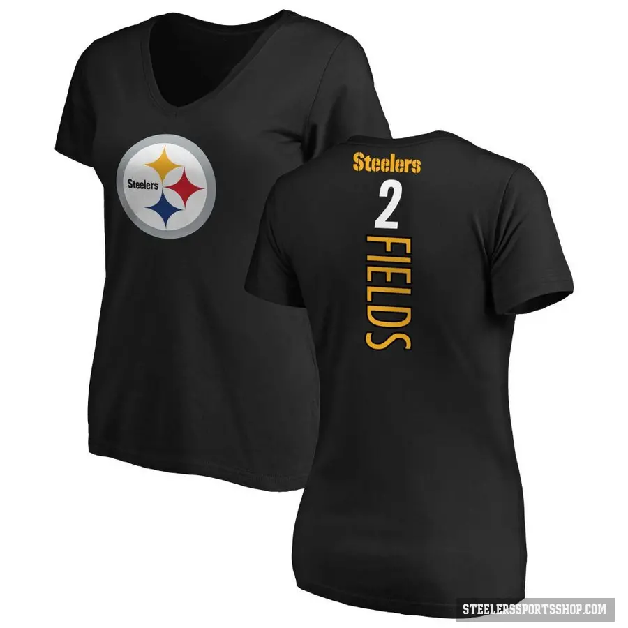 Women's ＃2 Justin Fields Pittsburgh Steelers Black Backer Slim Fit T-Shirt