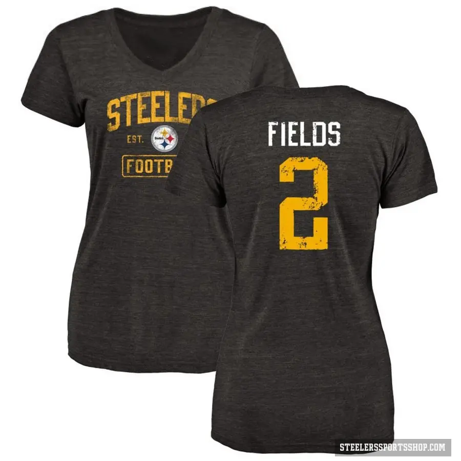 Women's ＃2 Justin Fields Pittsburgh Steelers Black Distressed V-Neck T-Shirt