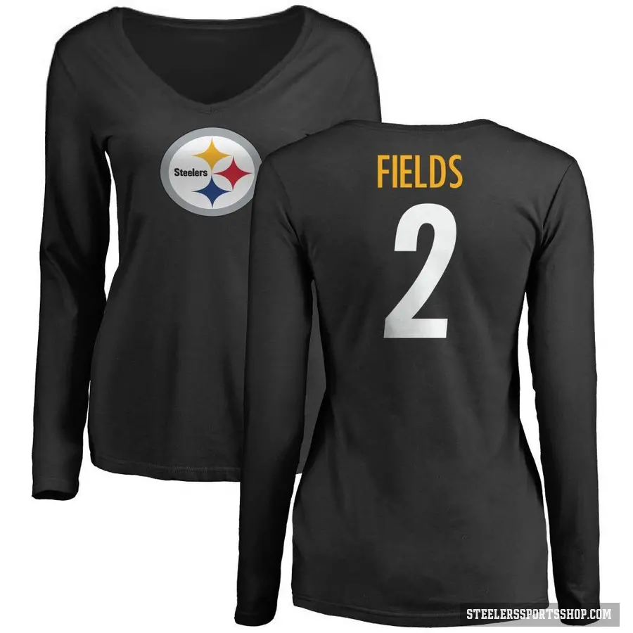 Women's ＃2 Justin Fields Pittsburgh Steelers Black Logo Slim Fit Long Sleeve T-Shirt