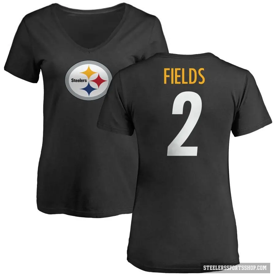 Women's ＃2 Justin Fields Pittsburgh Steelers Black Logo Slim Fit T-Shirt