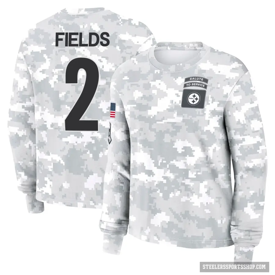 Women's ＃2 Justin Fields Pittsburgh Steelers Camo Arctic 2024 Salute to Service Long Sleeve T-Shirt