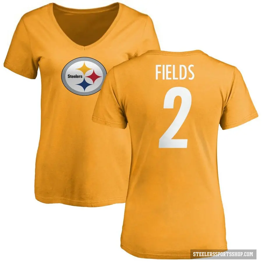 Women's ＃2 Justin Fields Pittsburgh Steelers Gold Logo Slim Fit T-Shirt