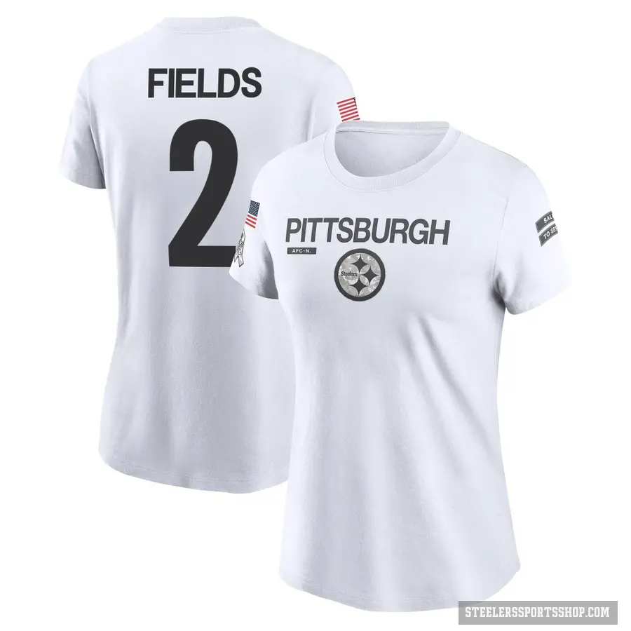 Women's ＃2 Justin Fields Pittsburgh Steelers White 2024 Salute to Service Performance T-Shirt