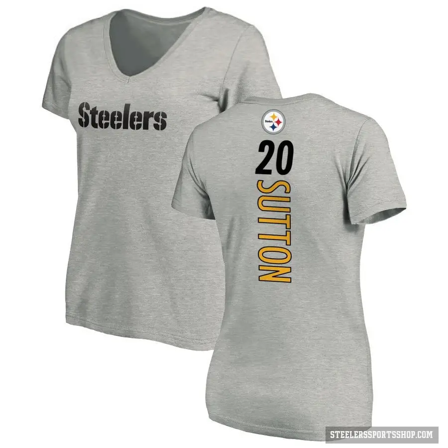 Women's ＃20 Cameron Sutton Pittsburgh Steelers Ash Backer V-Neck T-Shirt