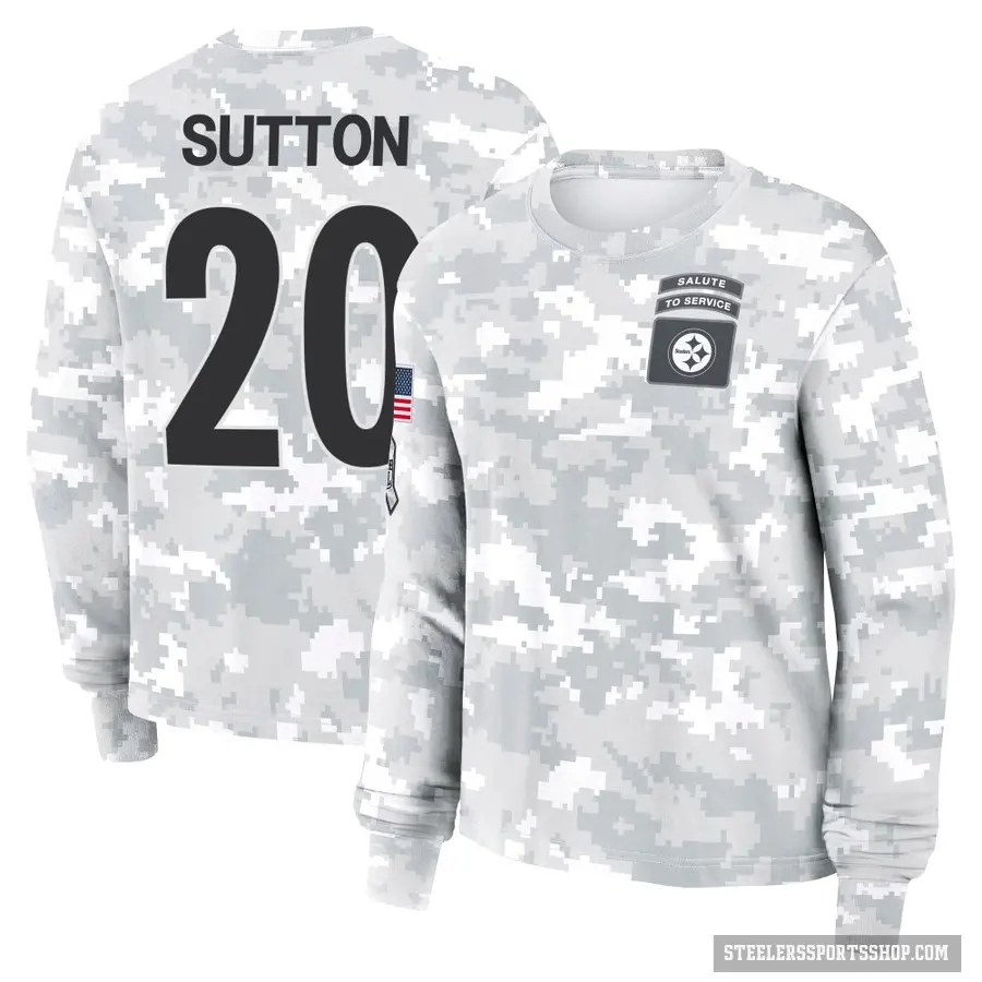 Women's ＃20 Cameron Sutton Pittsburgh Steelers Camo Arctic 2024 Salute to Service Long Sleeve T-Shirt