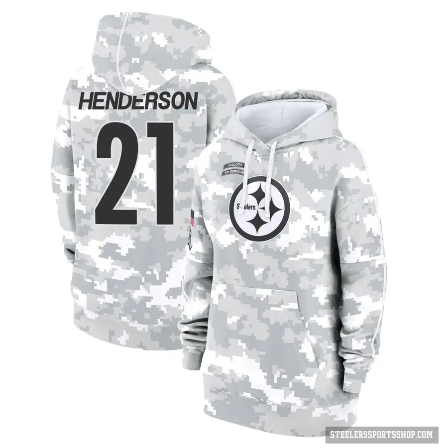 Women's ＃21 C.J. Henderson Pittsburgh Steelers Arctic Camo 2024 Salute to Service Club Fleece Pullover Hoodie