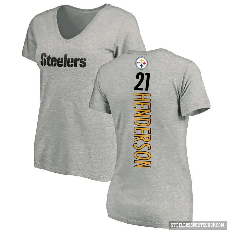 Women's ＃21 C.J. Henderson Pittsburgh Steelers Ash Backer V-Neck T-Shirt