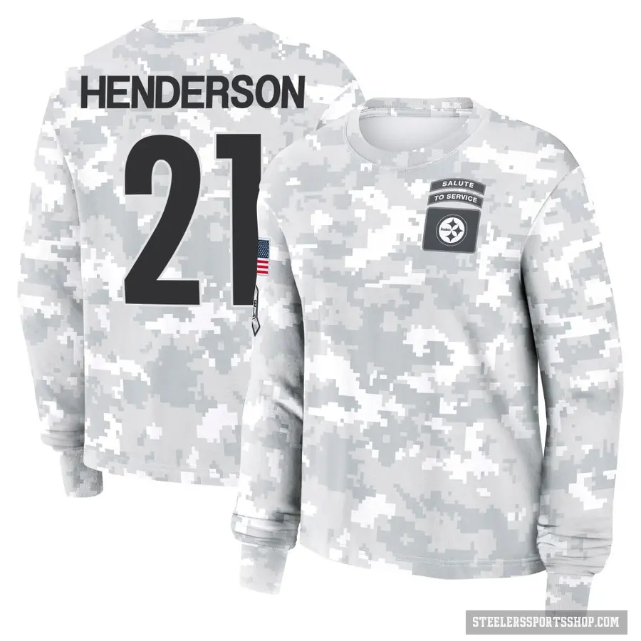 Women's ＃21 C.J. Henderson Pittsburgh Steelers Camo Arctic 2024 Salute to Service Long Sleeve T-Shirt